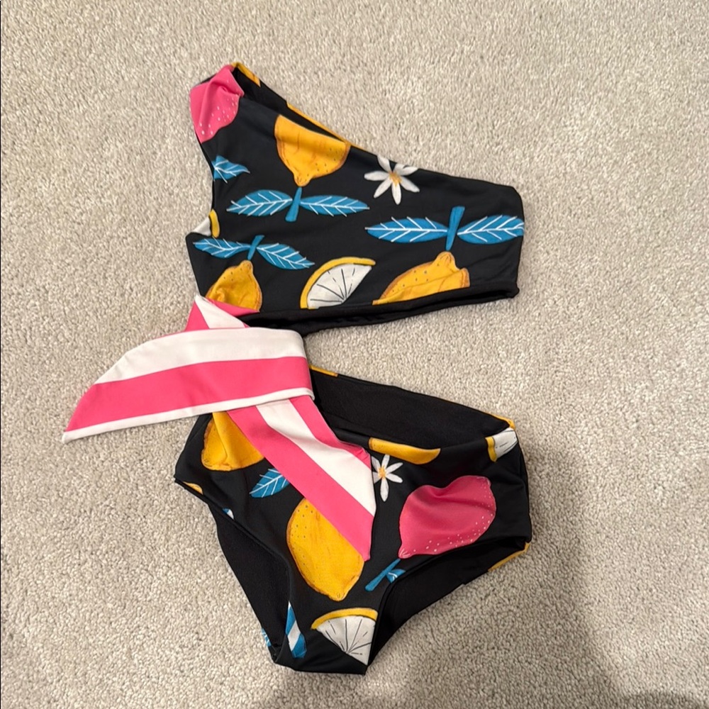 Kids One Shoulder Lemon Print Swim One Piece